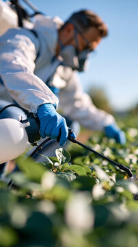 Over the shoulder view of confident european pest control technician in white protective coverall and blue gloves spraying lush green plants with a pressurized sprayer, bright