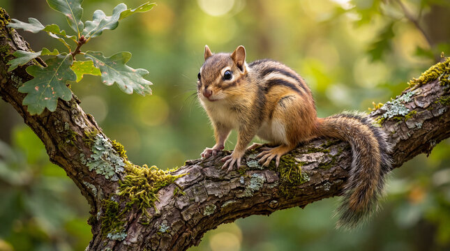 This heartwarming image captures a playful chipmunk perched on a moss-covered branch, embodying the lively spirit of wildlife in a rich, green forest environment.