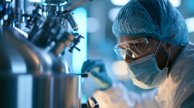 Over the shoulder view of confident european scientist in white cleanroom suit working beside a large stainless steel bioreactor tank, bright modern pharmaceutical manufacturing