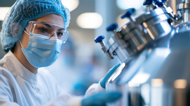 Over the shoulder view of confident european scientist in white cleanroom suit working beside a large stainless steel bioreactor tank, bright modern pharmaceutical manufacturing