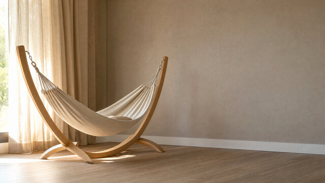 Empty indoor recovery hammock in soft neutral wellness room