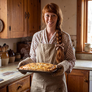 Happy housewife in an apron holds hot ready-made pies