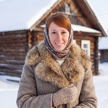 Winter portrait of a young village woman in a headscarf