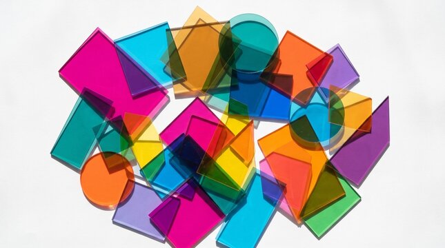 A collection of colorful translucent geometric shapes made of acrylic glass scattered on a white background