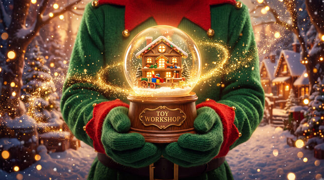 A delightful snow globe depicting a toy workshop nestled in a winter wonderland, capturing the magical essence of holiday cheer and nostalgic memories of childhood wonder.