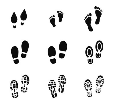 Collection of footprints shoes human walking and shoe sole feet footsteps people. Foot print, set with shoes bare feet and boot print. Paws people. Human footprints icons. Vector illustration