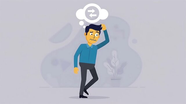 Animated Man Thinking with Exchange Arrows in Thought Bubble, Expressing Confusion or Dilemma