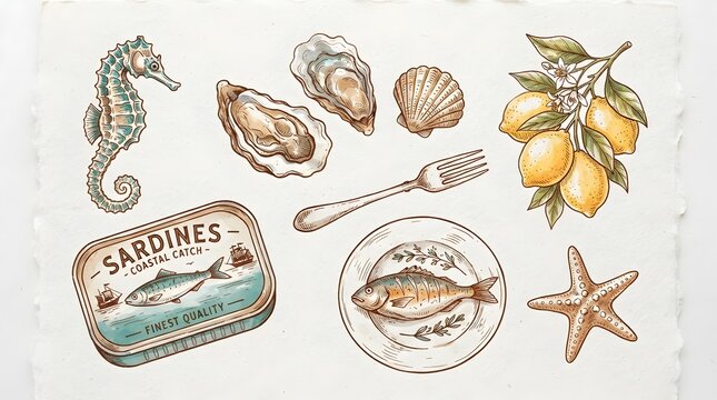 Watercolor Nautical Plate with Seafood, Seashells and Coastal Elements on White Background