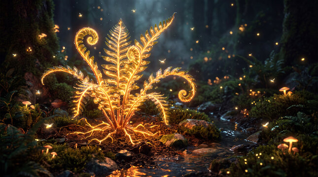This stunning image showcases a glowing fern surrounded by a serene forest, creating a magical atmosphere alive with gentle light and peacefulness in nature's embrace.