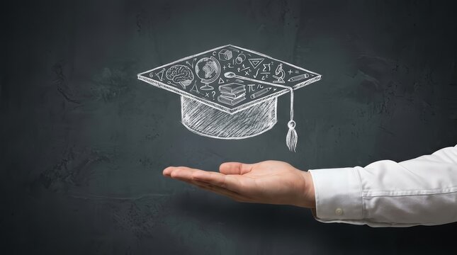 A white hand holding a sketched graduation hat filled with academic symbols.