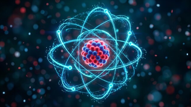 Abstract atom structure with red and blue particles and glowing electron rings.