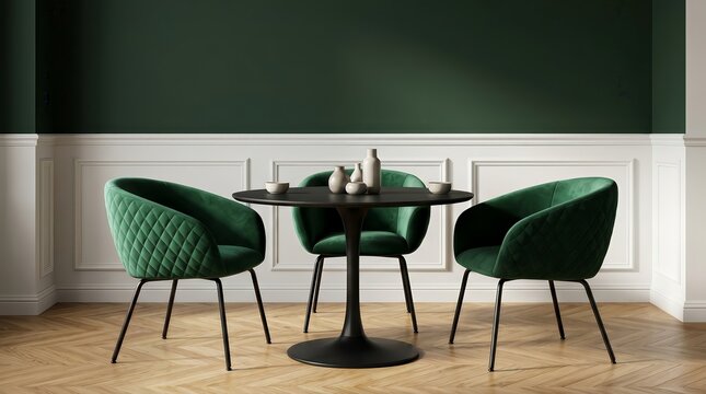 Interior of a cafe featuring a black round table and green chairs against white wainscoting.