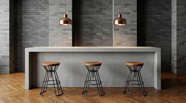 Empty restaurant bar area with gray brickwork and herringbone wood flooring.