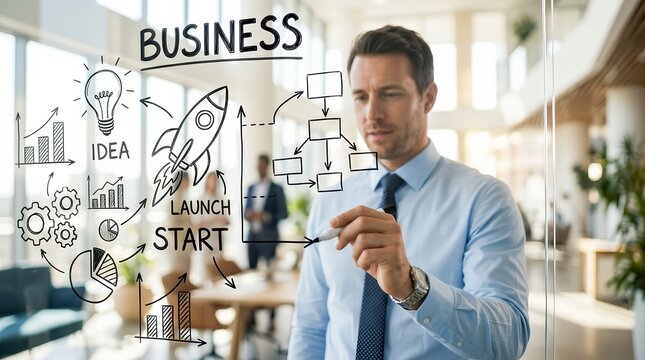 Concept of starting your own business with a businessman drawing a flowchart on glass.