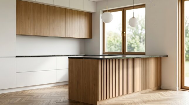 Contemporary kitchen interior with wood textures and white cabinetry.