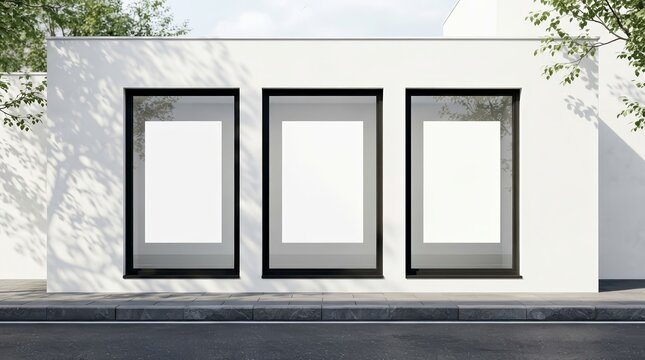 White architectural exterior with black framed window poster mockups