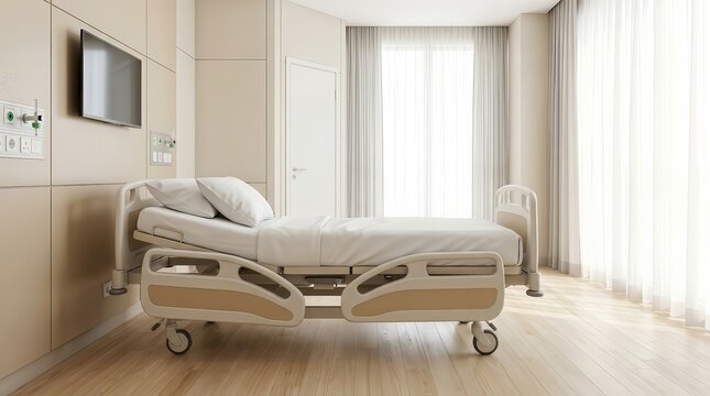 A clean medical ward corner with a hospital bed and wall-mounted monitor.