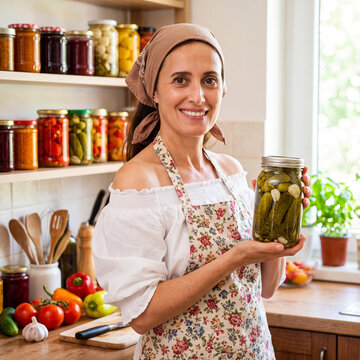 A happy housewife shows off her preparations for the winter