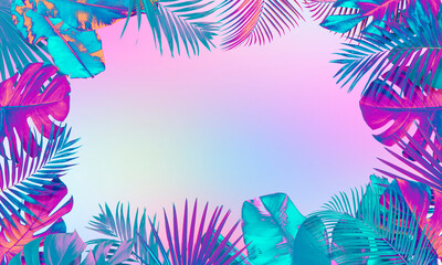 Obraz premium Frame of vibrant neon tropical leaves against color gradient background, banner design. Space for text