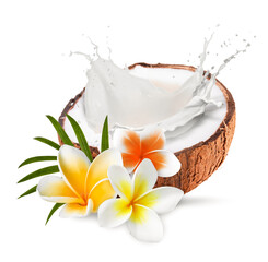 Coconut half with splashing milk, plumeria flowers and green leaf isolated on white © New Africa