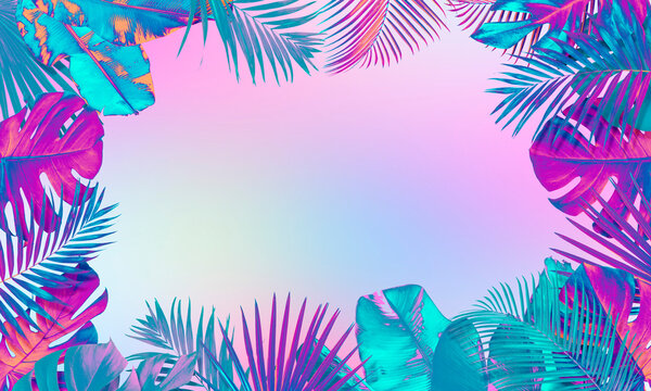 Frame of vibrant neon tropical leaves against color gradient background, banner design. Space for text