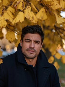 Portrait of a young man standing in front of a tree with yellow leaves. he is wearing a navy blue coat and has a serious expression on his face.