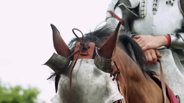 Closeup shot captures brown warhorse wearing steel shaffron head armor as it energetically nods and tosses its head while mounted by knight in shining plate cuirass...