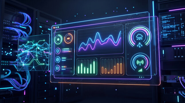 3D Glass UI Cloud Server Monitoring Dashboard and Analytics Concept