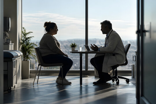 Doctor and patient in a modern clinic discussing obesity treatment, weight management and preventive healthcare in a supportive medical consultation.
