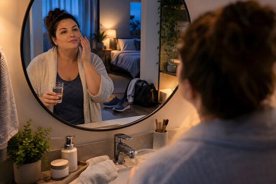 Woman reflecting in a bathroom mirror with a glass of water, winding down after an active day and embracing healthy bedtime habits for sustainable wellness.