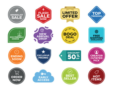 Minimalist E-Commerce Shopping Badges Vector Set for Flash Sale, Free Shipping, BOGO, and Discount Offers