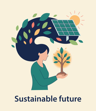 Sustainable Future Vector Illustration of Woman Holding Plant with Solar Panel and Green Energy Hair Concept