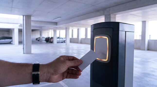 Hand holding access card to parking gate reader