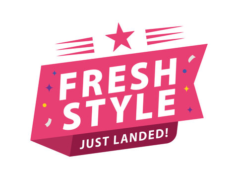 Colorful retro ribbon badge with star and bold text for fresh style announcement.