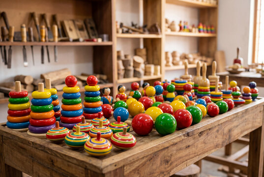 Colorful Channapatna lacquered wooden toys, spinning tops, stacking rings, painted balls and dolls displayed in a traditional artisan workshop in Karnataka, India
