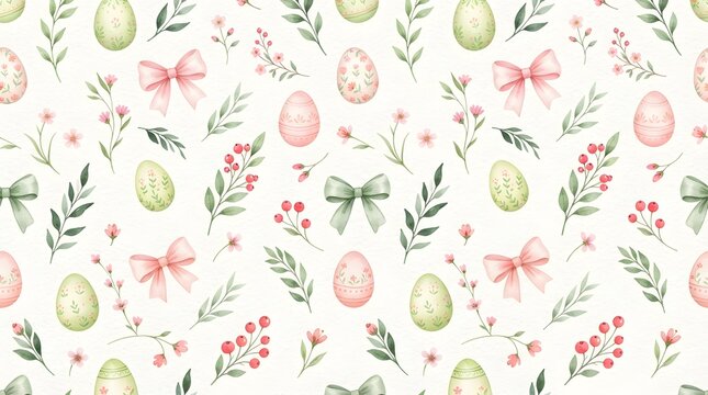 Seamless pastel spring pattern with flowers, leaves, Easter eggs, butterflies, and botanical elements