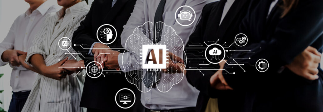 Group of professionals standing together showcasing the integration of artificial intelligence in business. Icons symbolize innovation, collaboration, and future possibilities in the workplace. Trope