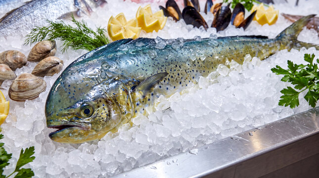 A variety of fresh seafood placed on ice, including a large fish and shellfish, highlighting the freshness and bounty of the ocean, perfect for culinary delights.