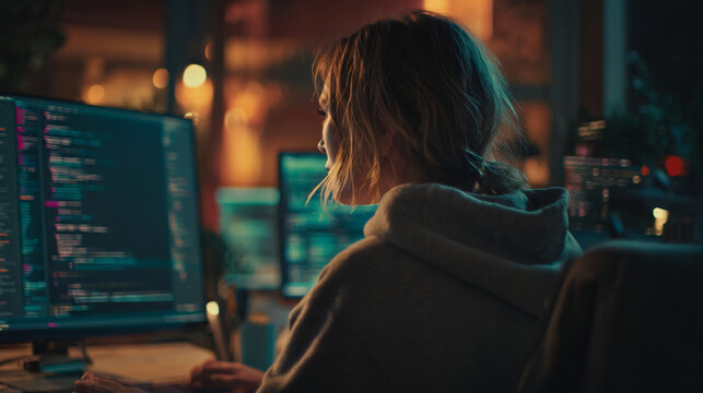 Late Night Coding Session: A focused female programmer works diligently at her computer, illuminated by the screen's glow in a dimly lit room, epitomizing dedication to her craft.