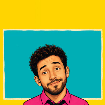 Surprised Curious Man in Bright Pop Art Portrait with Copy Space