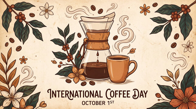 Artistic illustration promoting International Coffee Day, featuring a coffee maker and cup, surrounded by decorative elements that celebrate the culture and love for coffee.