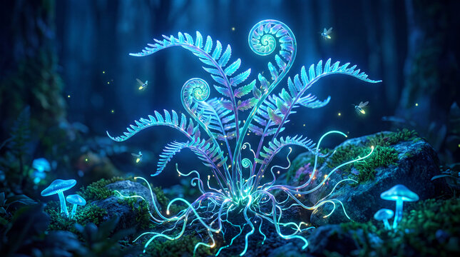 An ethereal display of vibrant, glowing ferns illuminates a dark mystical forest, highlighting the enchanting beauty of nature and the magic of a hidden world.