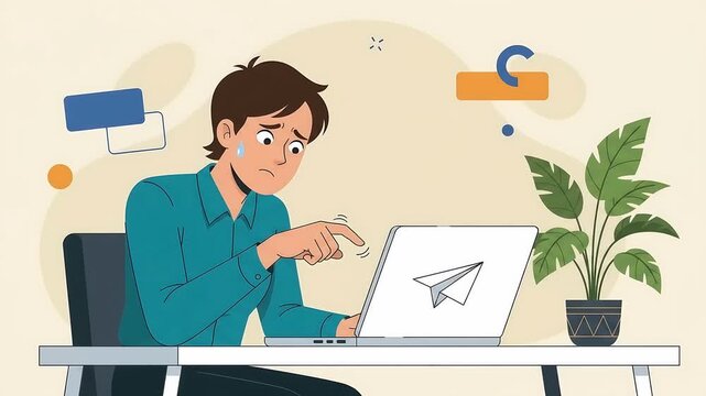Stressed Man Working on Laptop, Feeling Anxious and Overwhelmed by Digital Communication