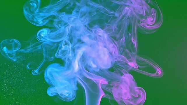 Abstract swirls of colorful smoke in blue, pink, and purple against a green background