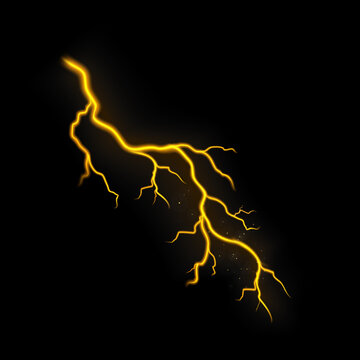 A bright golden lightning bolt isolated on a black background creating a dramatic electric light effect element