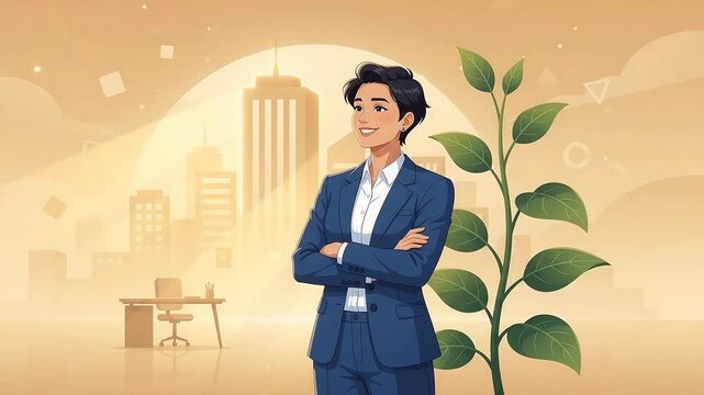 Confident Businesswoman Standing Next to a Growing Plant in Modern City Office Setting