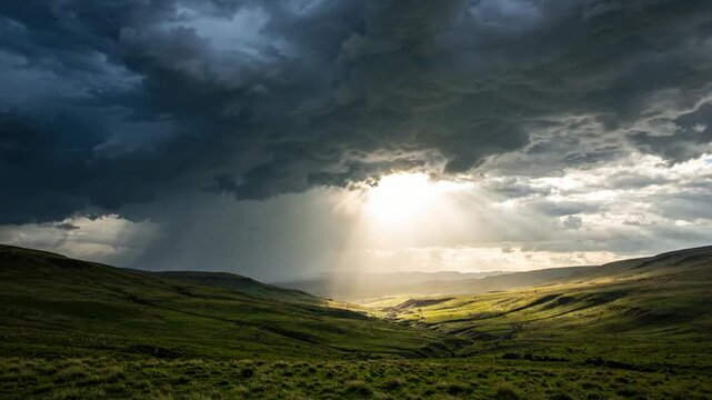 Dramatic storm clouds over green valley with sunbeams breaking through, cinematic weather landscape, god rays illuminating rolling hills