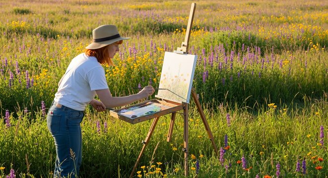 Plein-air painter with easel capturing wildflowers in a meadow, relaxed creative outdoor hobby