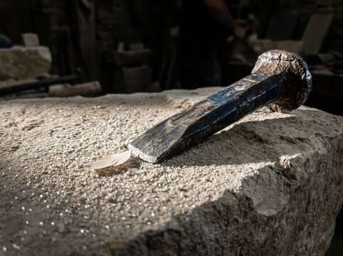 Stone Chisel on Rough Workshop Surface for Craftsmanship and Carving