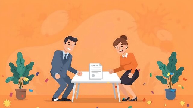 Business professionals celebrate successful contract agreement with jumps and confetti